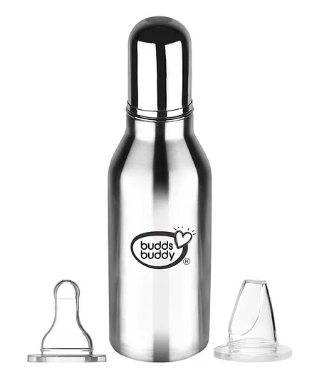 Buddsbuddy Bravo Stainless Steel 2 in 1 Regular Neck Baby Feeding Bottle with Extra Spout Sipper Anti -colic Regular Flow - 330 ml