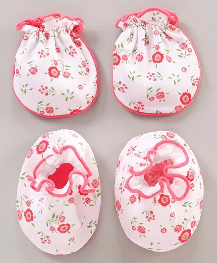 Ben Benny Cotton Mittens and Booties Set Floral Print - White Red