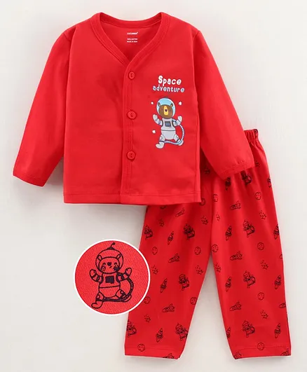 Cucumber Cotton Full Sleeves Night Suit Space Print - Red