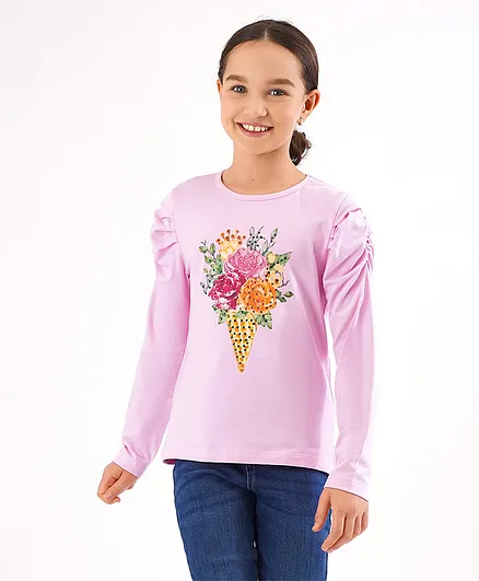 Primo Gino Softer Cotton Elastane Gathered Sleeves T-Shirt Digital Print With Diamonte - Light Pink
