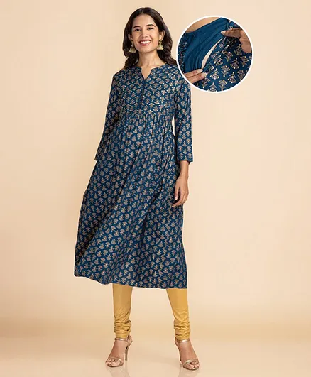 Bella Mama Woven Three Fourth Printed Kurta With Front Zipper - Navy