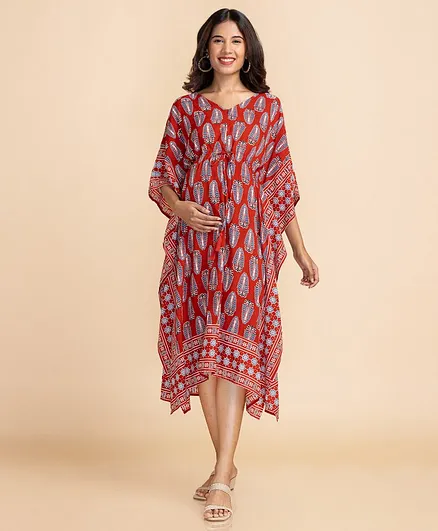 Bella Mama Viscose Printed Kaftan Dress - Rust