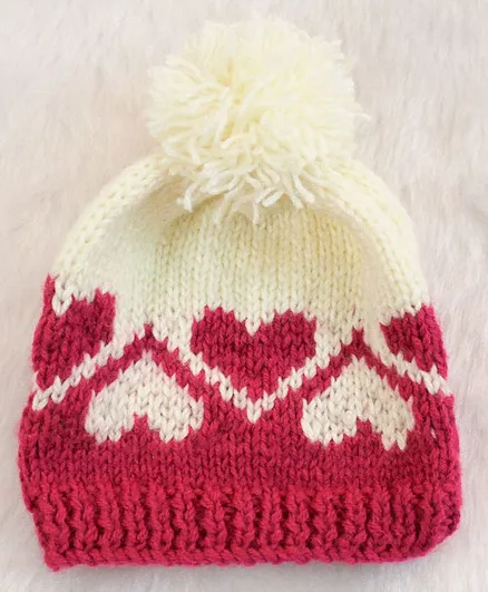 Woonie Heart Woven Handmade Bobble Cap - Pink