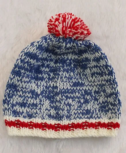 Woonie Abstract Design Woven Handmade Bobble Cap - Blue