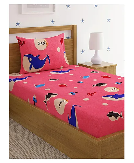 HOSTA HOMES 280 GSM Glaced Cotton Single Bed Sheet With 1 Pillow Cover Stars & Clouds Print - Pink