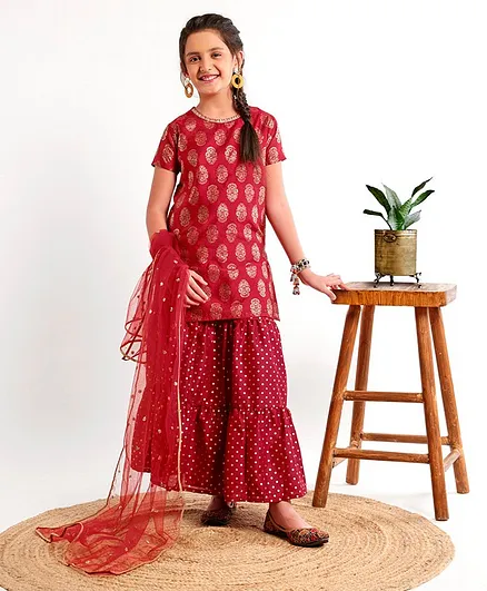 Pine Kids Half Sleeves Choli & Lehenga With Dupatta Set - Red