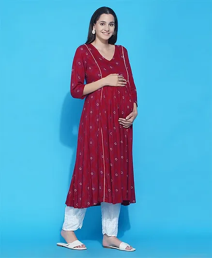 Mine4Nine Three Fourth Sleeves Motif Design Printed A Line Maternity Kurta - Maroon