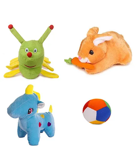 Deals India Combo of 4 Unicorn Caterpillar Rabbit with Carrot and Ball Soft Toys Multicolor - Length 26 cm
