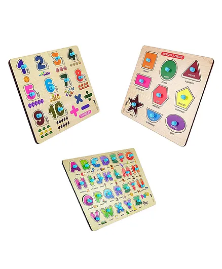 VWorld Kids Pre Nursery Educational Jigsaw 3D Wooden Shape Puzzles Pack of 3 Multicolour - 45 Pieces