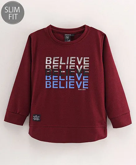 Ruff Cotton Woven Full Sleeves T-shirt Text Print - Maroon
