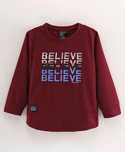 Ruff Cotton Woven Full Sleeves T-shirt Text Print - Maroon