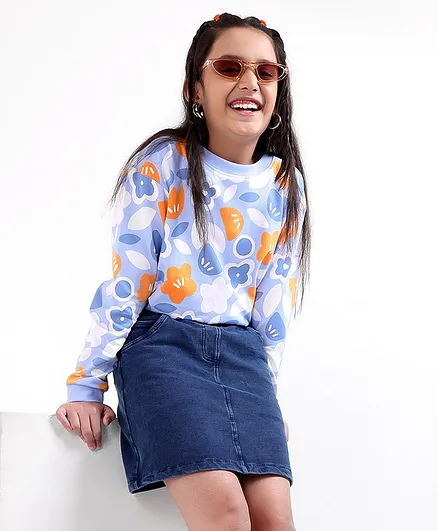 Ollington St. Full Sleeves Floral All Over Printed Sweatshirt With Denim Skirt Set - Blue
