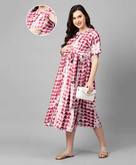 MomToBe Half Sleeves Tie And Dye Detail Maternity Dress - Pink