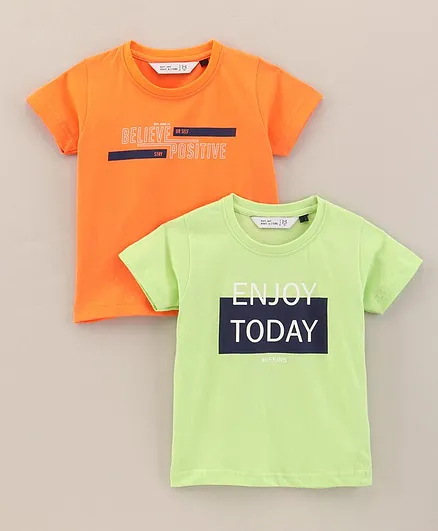 Ruff Half Sleeves Tees Text Print Pack of 2- Orange Green