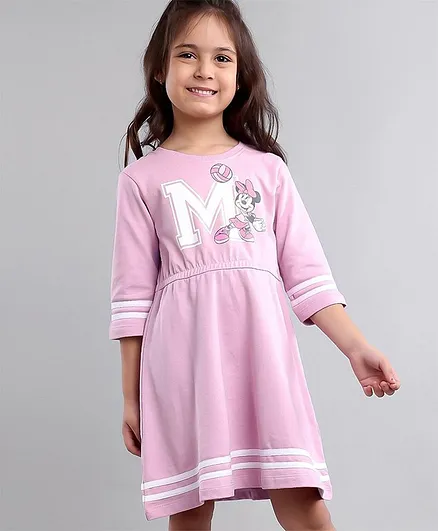 Babyhug 100% Cotton Three Fourth Sleeves Minnie Mouse Printed Frock - Lilac