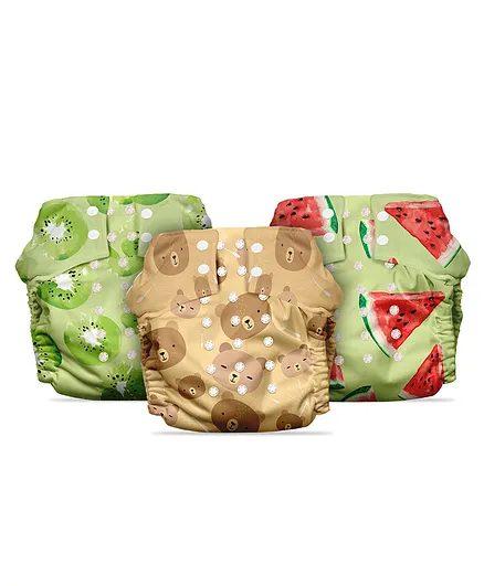 Mother Sparsh Free Size Cloth Diaper With Dry Feel Absorbent Soaker Pad Kiwi Print Pack of 3 - Multicolour