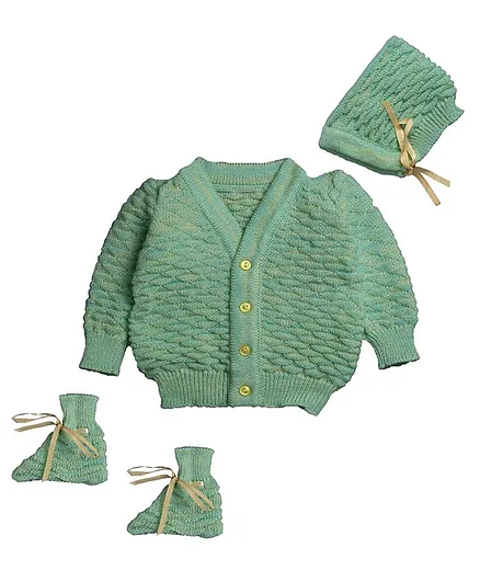 Little Angels Full Sleeves Self Design Sweater With A Pair Of Booties And A Cap - Green