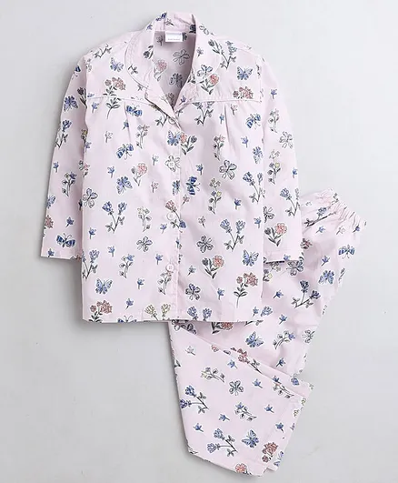 Polka Tots Full Sleeves Seamless Butterfly & Florwer Printed Shirt With Coordinting Pyjama - Pink