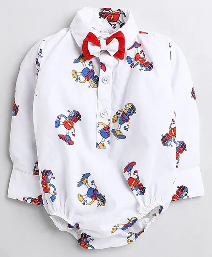 Polka Tots Full Sleeves All Over Robot Printed Onesie With Coordinating Layered Bow Tie - White