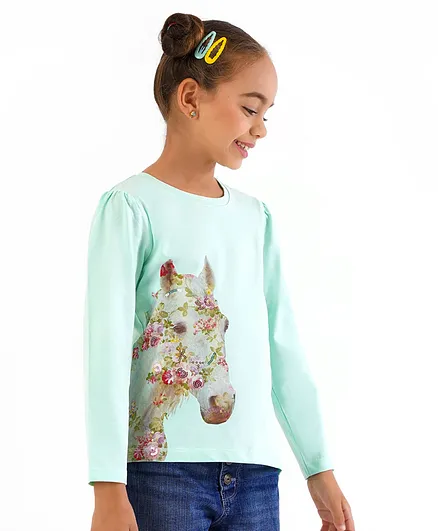 Primo Gino Cotton Elastane Full Sleeves T-Shirt With Digital Print & Sequins - Green