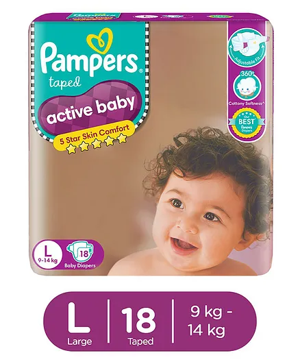 Pampers Active Baby Taped Diapers, Large size diapers, (L) 18 count, taped style custom fit