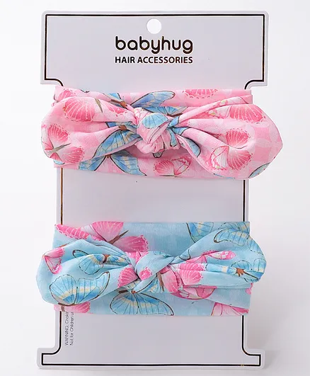 Babyhug Free Size Headbands with Bow Applique Floral Print Pack of 2 - Pink & Blue