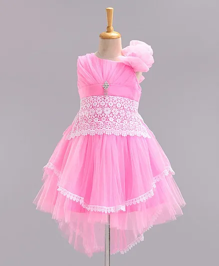 Enfance Sleeveless Lace Applique High Low Party Wear Dress - Pink
