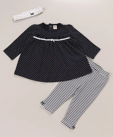 ToffyHouse Full Sleeves Top & Leggings Set With Headband Stripes & Polka Dot Print- Navy Blue