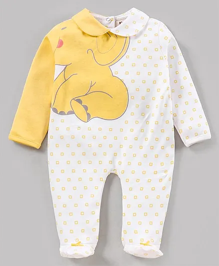 Toffyhouse Cotton Knit Full Sleeves Romper Elephant Print - White Yellow