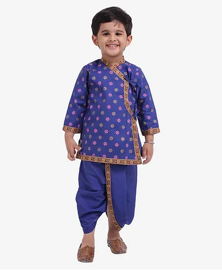 BownBee Full Sleeves Motif All Over Printed Kanhaiya Kurta With Trim Detail Dhoti Set - Blue