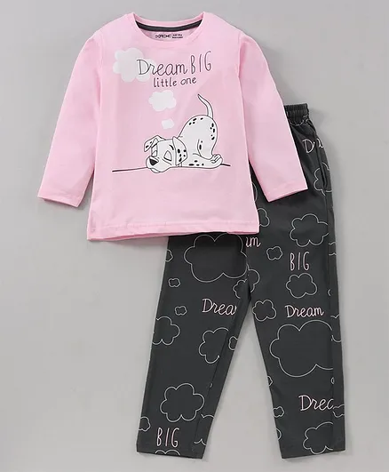 Doreme Cotton Full Doreme Cotton Full Sleeves T-Shirt & Pyjama Set Puppy and Text Print - Pink