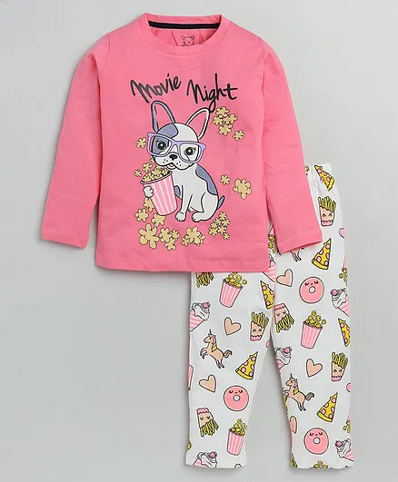 Little Marine Full Sleeves Popcorn Movie Night & Pug Dog Printed Night Suit - Pink
