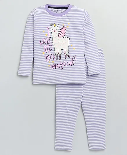 Little Marine Full Sleeves Cat Printed & Striped Night Suit - Purple