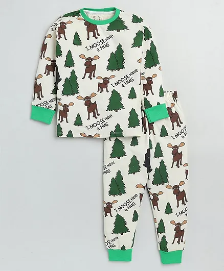 Little Marine Full Sleeves Animal Printed Night Suit - Cream