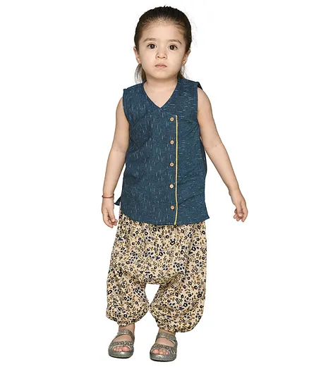 Olesia Sleeveless Ikat Kurta Kurta With Vintage Hand Block Floral Printed Harem Pants - Blue & Beige