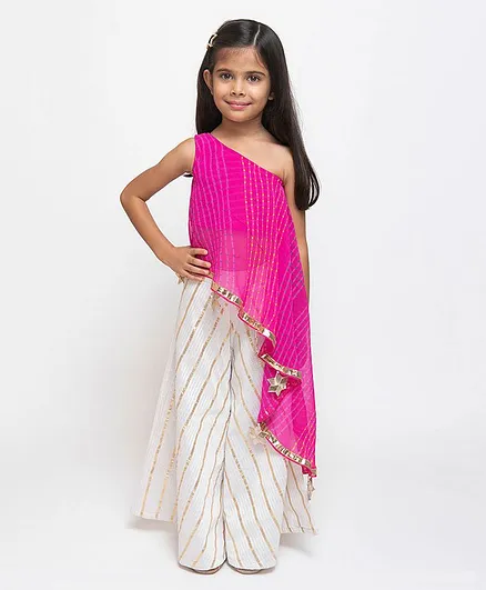 Fairies Forever Sleeveless Leheriya Detail One Shoulder Top With Pant Style Skirt - Pink White