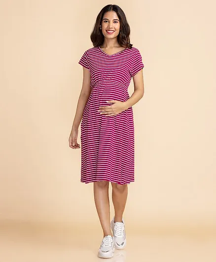Bella Mama Short Sleeves Stripe Maternity Knit Dress - Purple