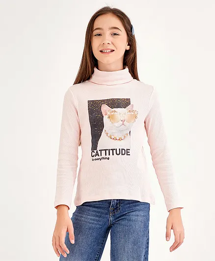 Primo Gino Cotton Elastane Rib Full Sleeves Turtle Neck T-Shirt With Digital Print Technique - Pink