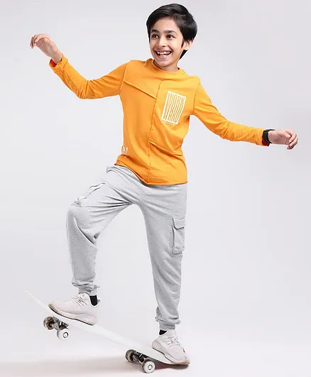 Pine Kids Knit Full Sleeves T Shirt & Lounge Pant Text Print - Orange Grey Melange