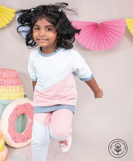 A Toddler Thing Organic Cotton Full Sleeves Colour Blocked Sweatshirt & Joggers Set - Blue & Pink