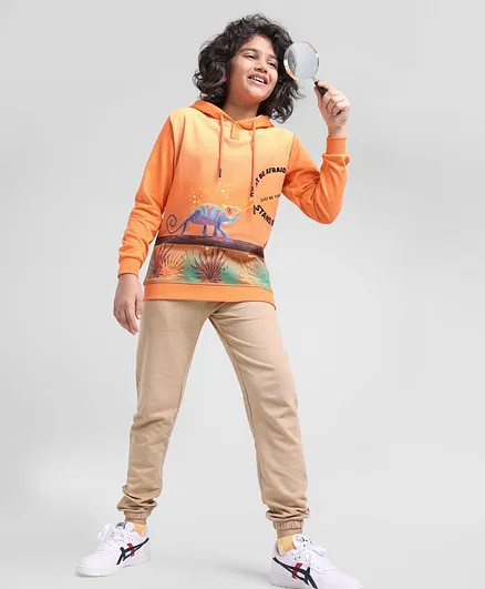 Ollington St. Full Sleeves Cotton Hooded Sweatshirt & Joggers Set Placement Print- Orange Brown