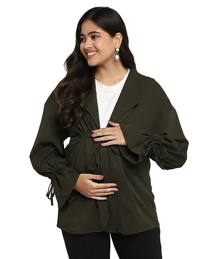 Momsoon Balloon Full Sleeves Front Tie Up Detailed Jacket - Dark Green