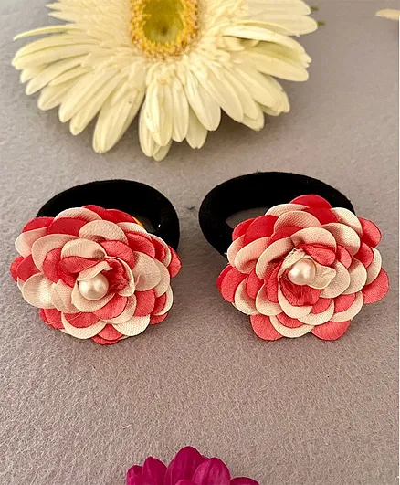 Kalacaree Set Of 2 Rosette Detail Rubber Bands - Pink Off-White & Black