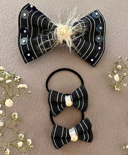 Kalacaree Set Of 3 Denim Bow Theme Alligator Hair Clip & Rubber Bands - Navy Blue