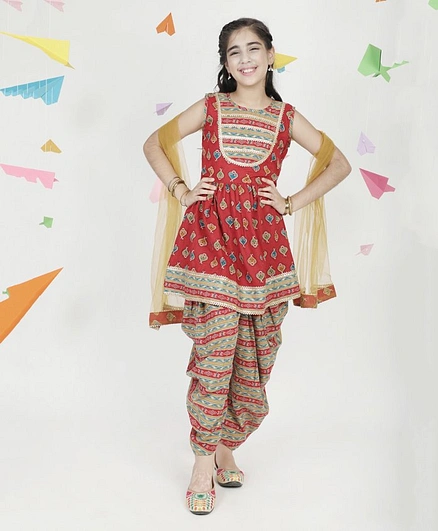 AJ Dezines Sleeveless All Over Motif Printed Frill Gota Lace Embellished Kurta With Coordinating Patiala & Dupatta - Maroon