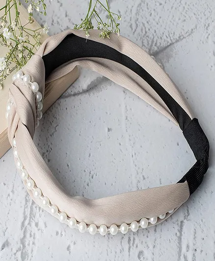 Jewelz Cute Pearl Embellished Knotted Bow Hair Band - Beige
