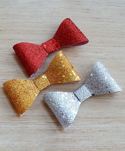 Pretty Ponytails Glitter Bows Hair Clips - Red Gold & Silver