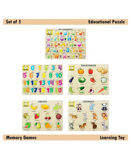 Mindmaker Wooden Puzzle Without Knobs Educational and Learning Toy for Kids (Set of 5 Puzzles) - Multicolour