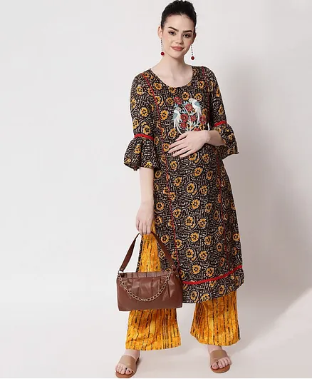 Aujjessa Three Fourth Sleeves Flower Printed And Parrots Embroidered Detail Maternity Kurta Palazzo Set - Black Yellow
