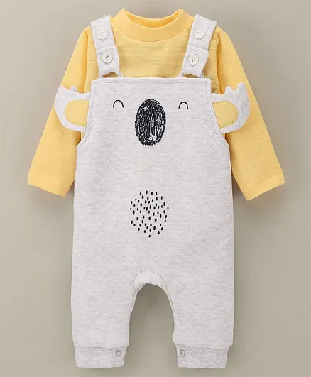Wonderchild Full Sleeves Solid Tee With Koala Printed Dungaree - Grey